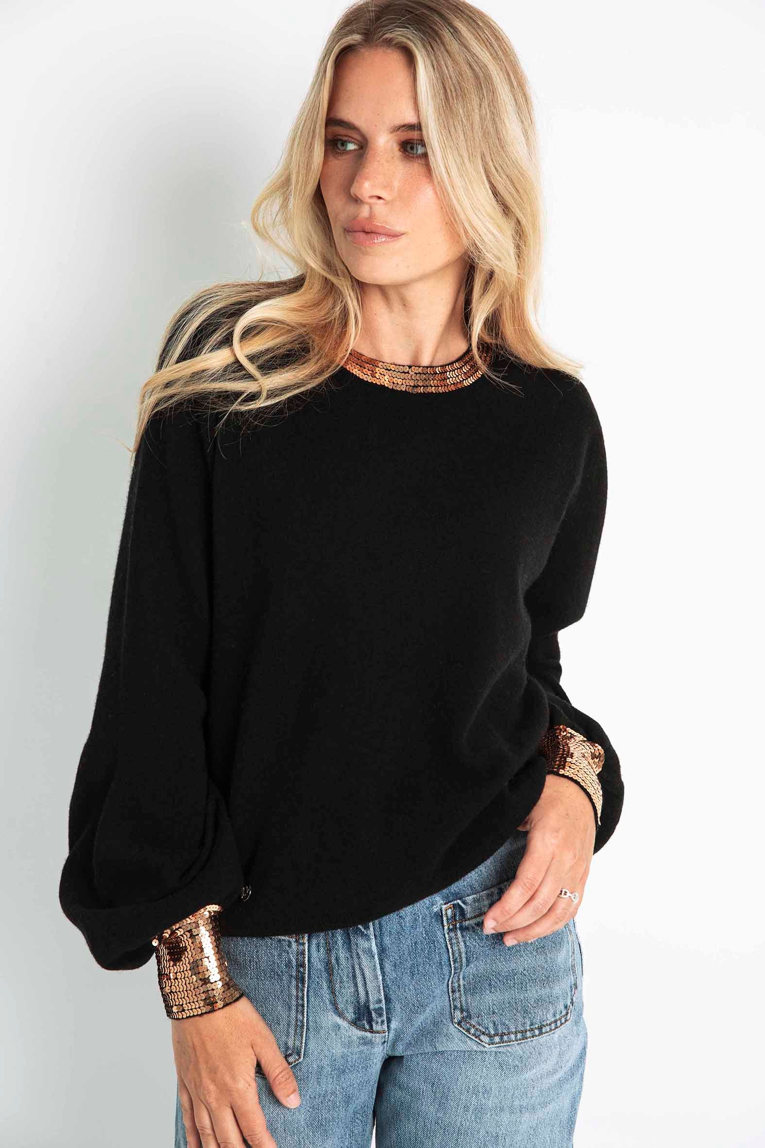 The Sequin Cuff & Collar Sweater in Black / Gold Sequins