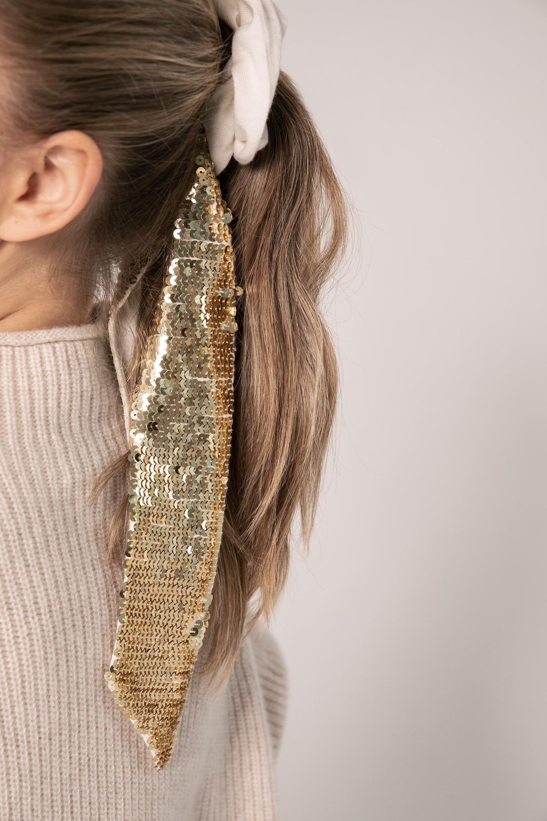 The Long Sequin Cashmere Scrunchie in Snow Peak