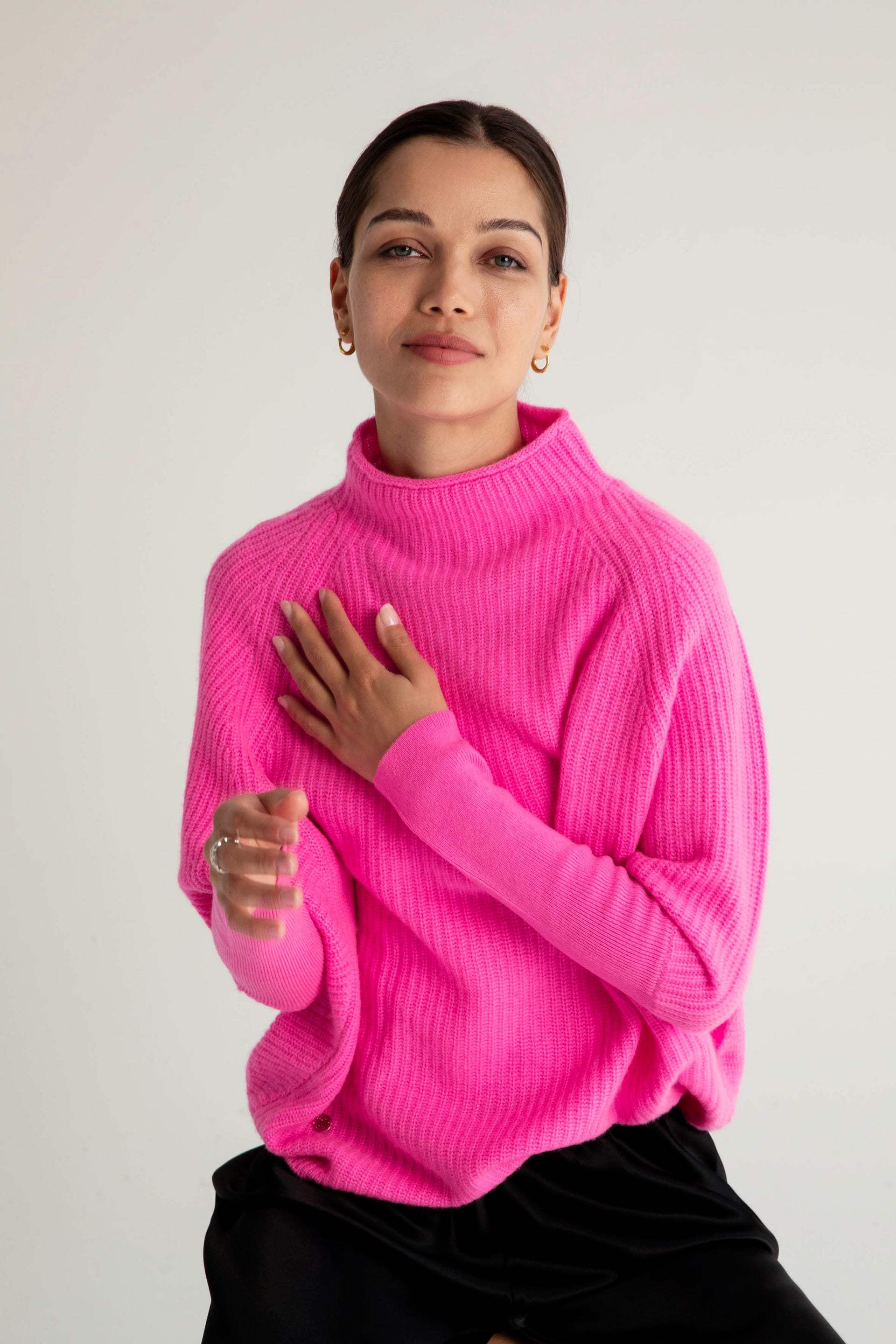 The Cashmere Slouchy Rib Turtleneck in Neon Pink