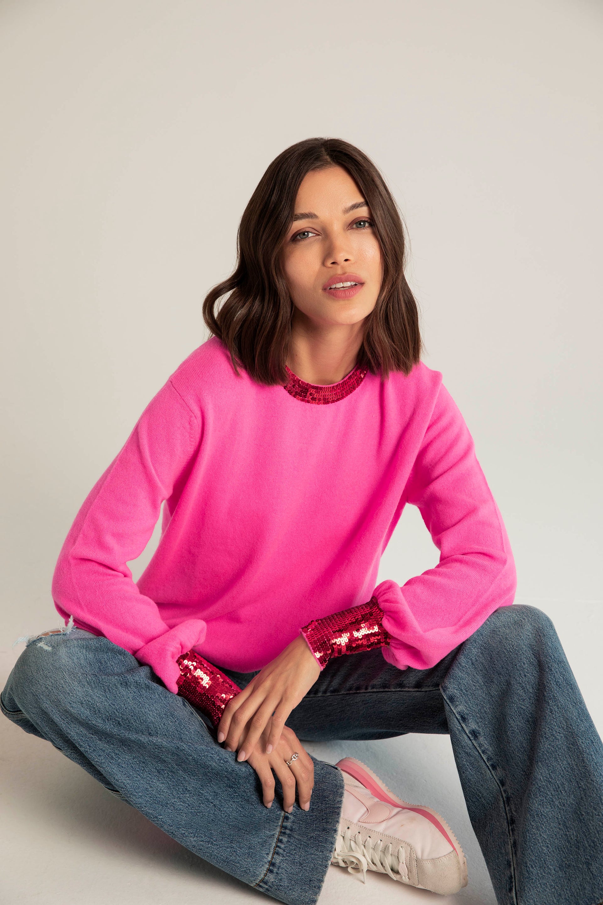 The Cashmere Sequin Sweater in Neon Pink