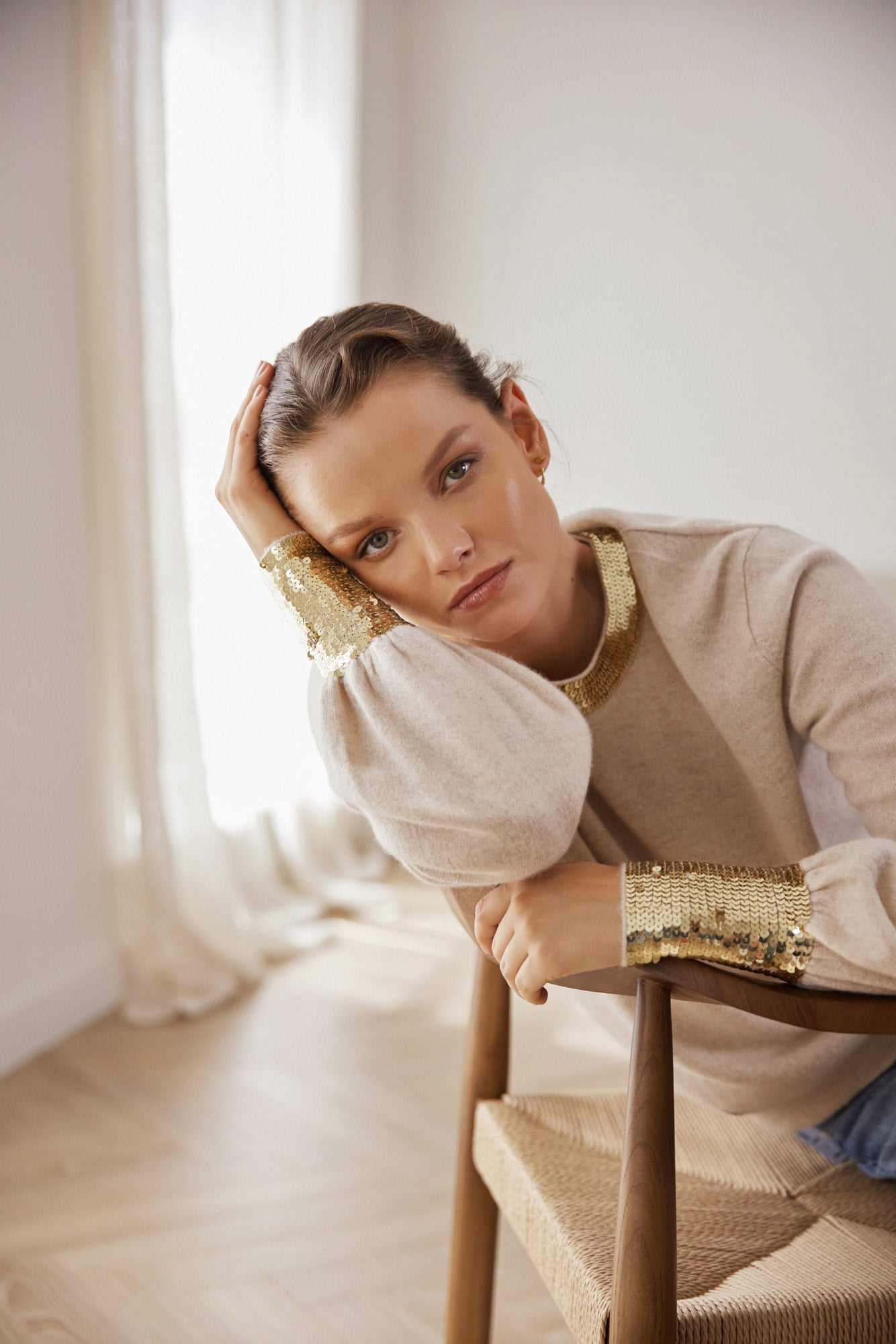 The Cashmere Sequin Sweater in Sandstone