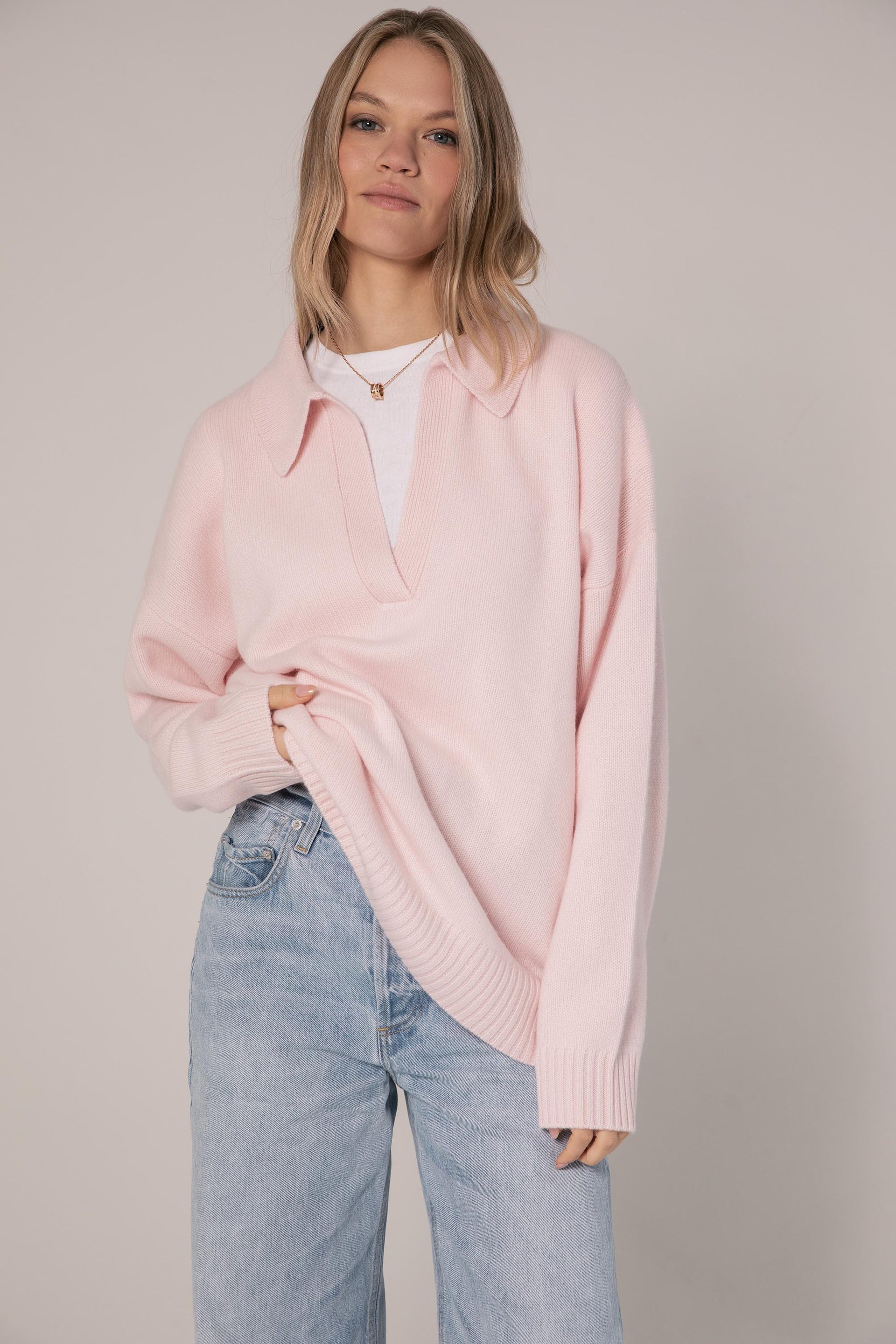 The Cashmere Collar Sweater in Pink Shell